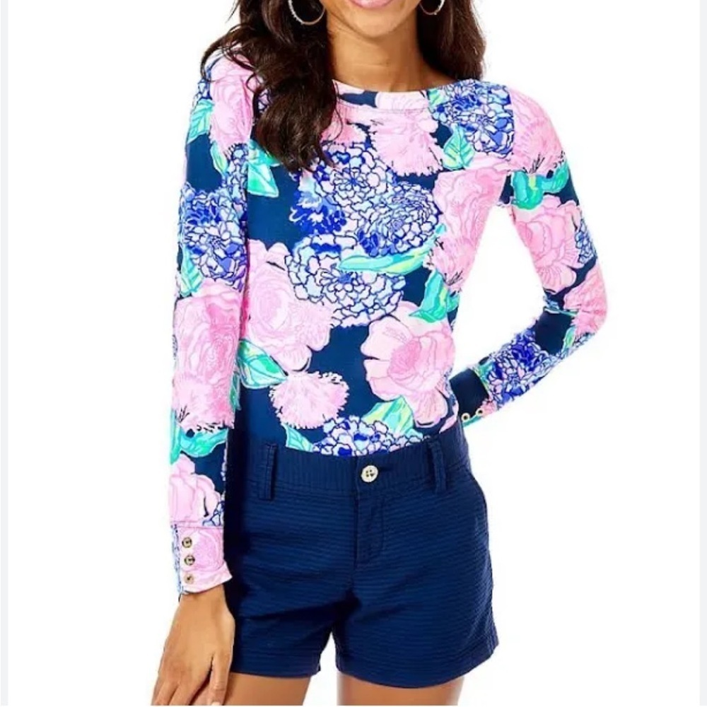 Lilly Pulitzer Aleah Top High Tide Navy Hey Hey Bouquet Pink Blue White Sz XXS